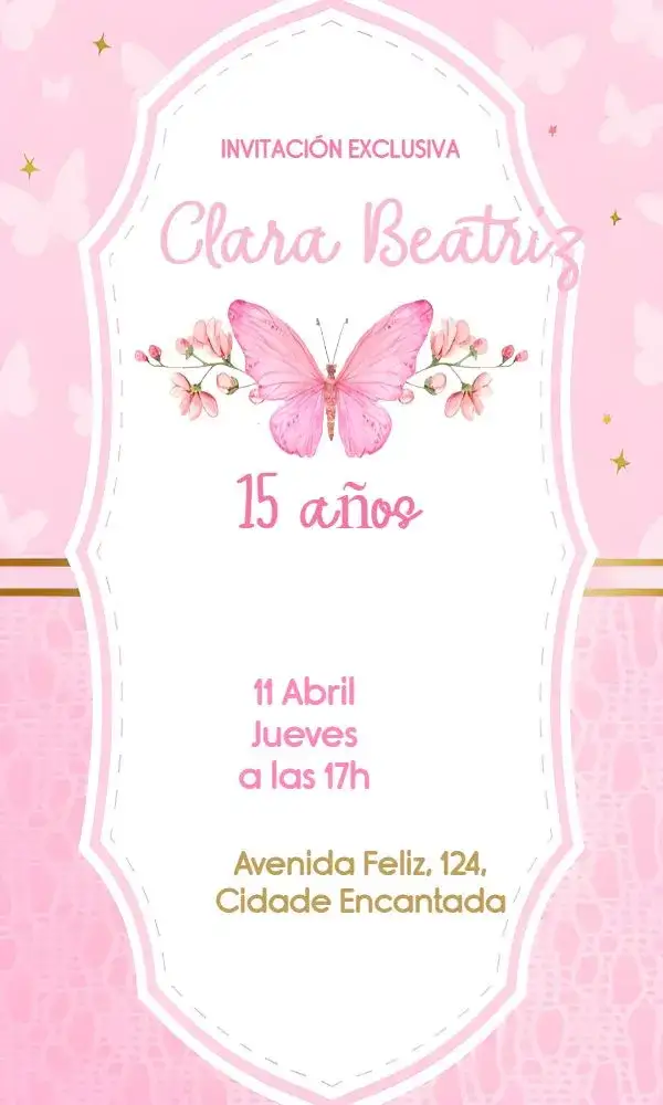 Invitación 15 Años Mariposas Doradas – tema 15 años dorado, delicado, rosa, femenino, floral