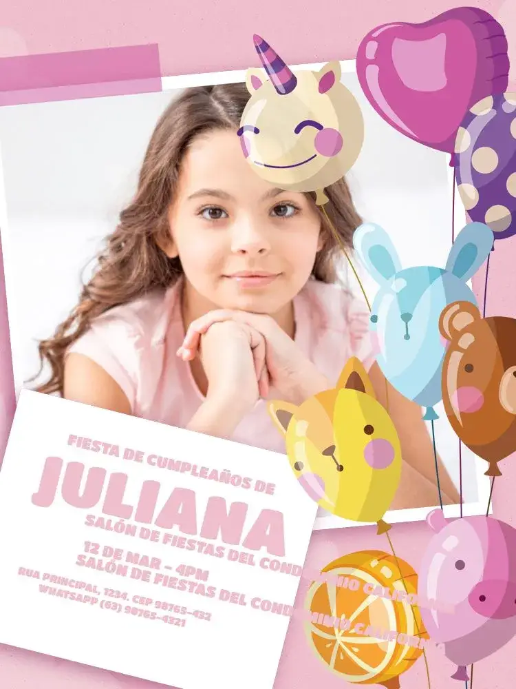 Invitación Con Foto Infantil Lúdico Delicado – tema Cumpleaños Infantil lúdico, delicado, femenino, colorido, moderno