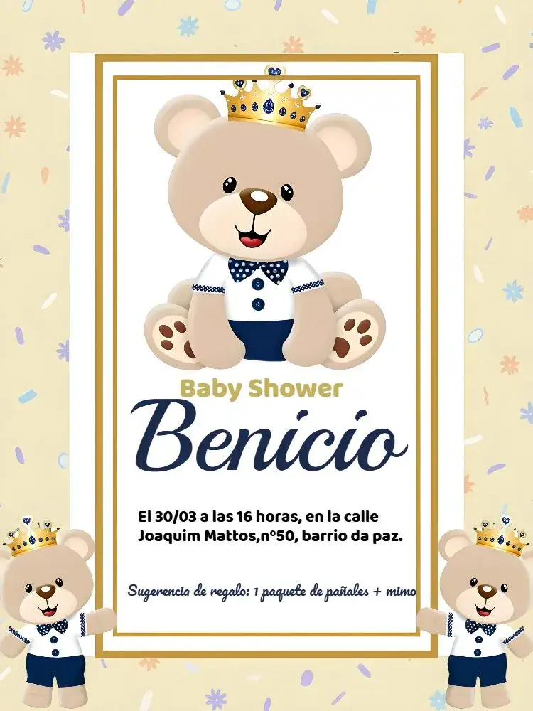 Invitación Baby Shower Oso Príncipe Gris y Blanco.