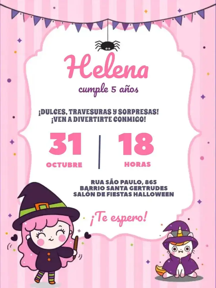Invitación Halloween Rosa Bruxas – tema Fechas Conmemorativas rosa, mágico, divertido, infantil, temático, colorido