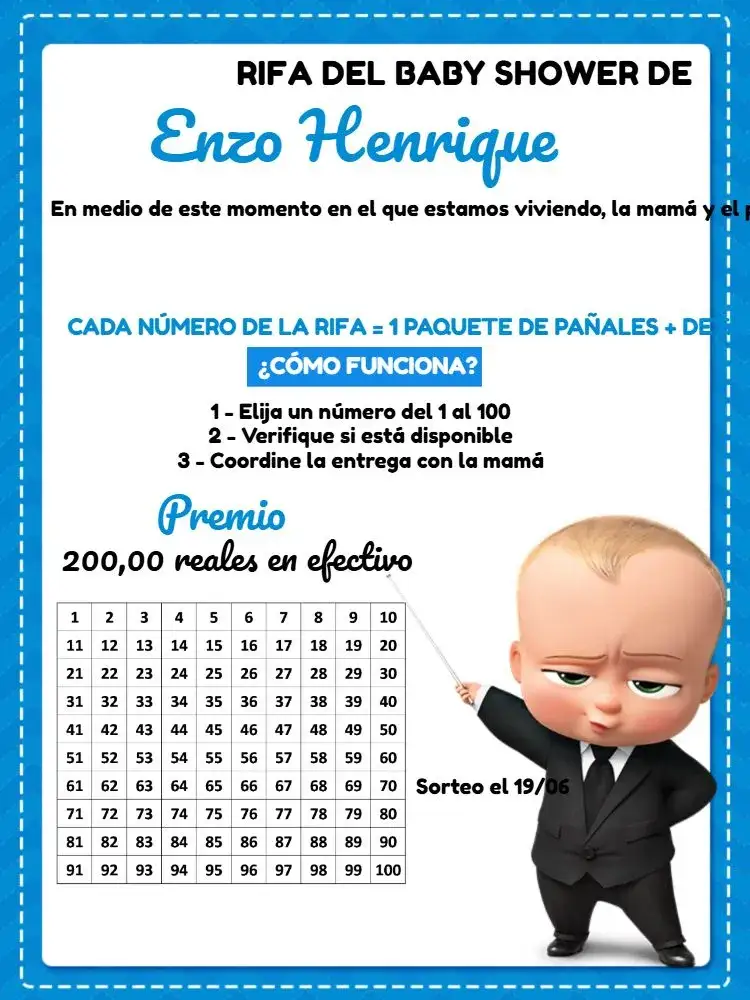 Invitación Té Rifa Jefe Bebé Blanco – tema Té Rifa moderno, blanco y negro, azul, divertido, infantil