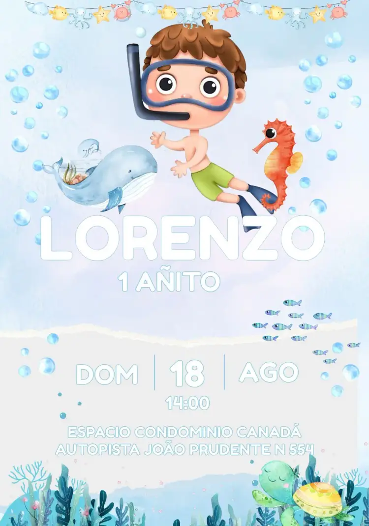 Invitación Fondo Del Mar Pez – tema Cumpleaños Infantil azul marino, colorido, divertido, temático, infantil