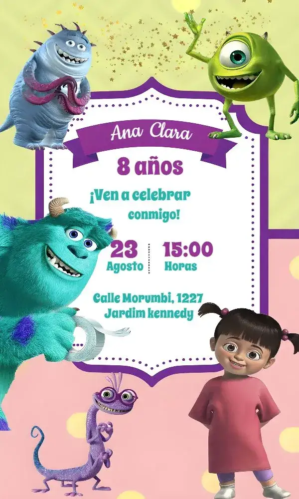 Invitación Monstruos S.A. Infantil – tema Más buscados colorido, divertido, temático, lúdico, animado, infantil