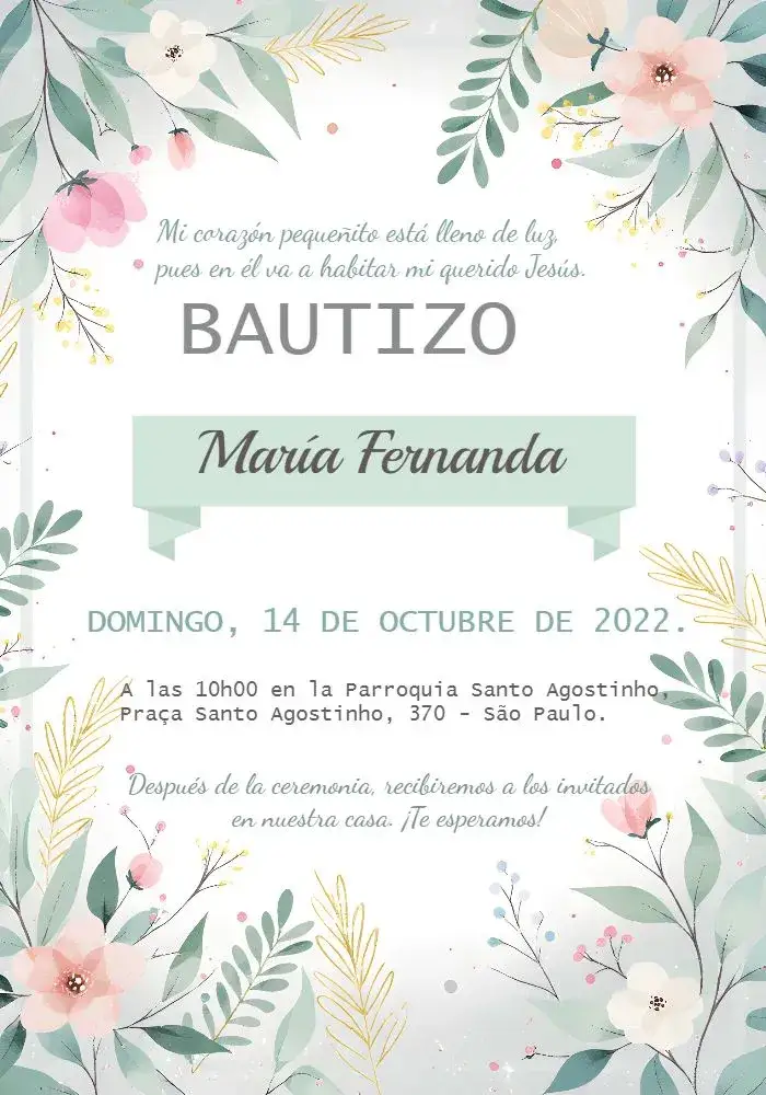 Invitación Bautizo Rosa – tema Bautismo floral, suave, moderno, elegante, pastel, delicado