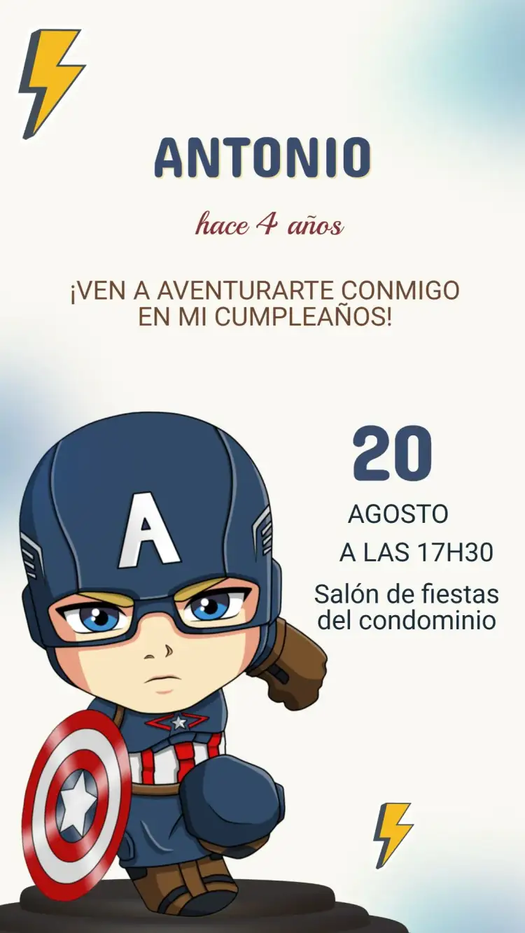Invitación Invitación Cumpleaños Capitán América – tema Cumpleaños Infantil moderno, colorido, temático, superhéroe, vibrante