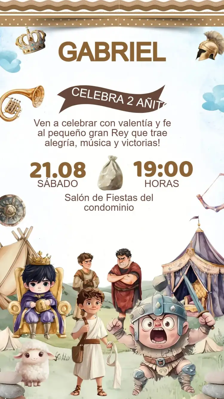 Invitación Invitación Cumpleaños David y Goliat – tema Cumpleaños Infantil bíblico, histórico, caricatura