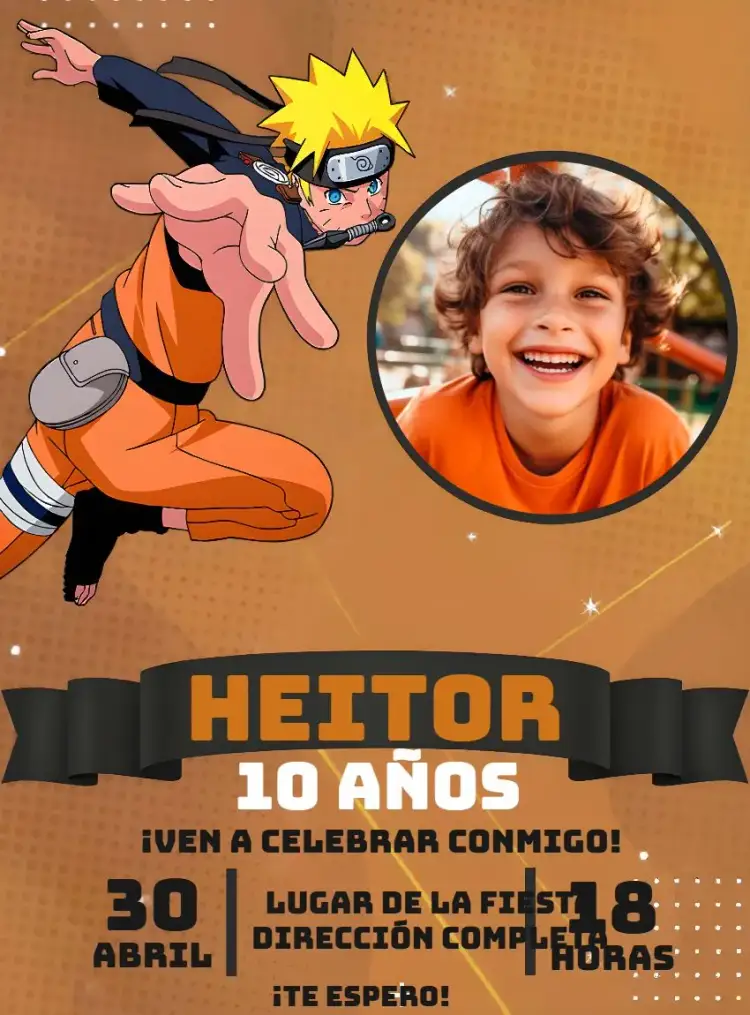 Invitación Naruto Con Foto Dibujo – tema Cumpleaños Infantil anime, aventura, colores vibrantes, estilo lúdico, elementos gráficos de ninja