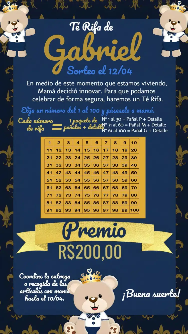 Invitación Chá Rifa Osito Príncipe Azul – tema Té Rifa azul, dorado, blanco, tierno, infantil, moderno