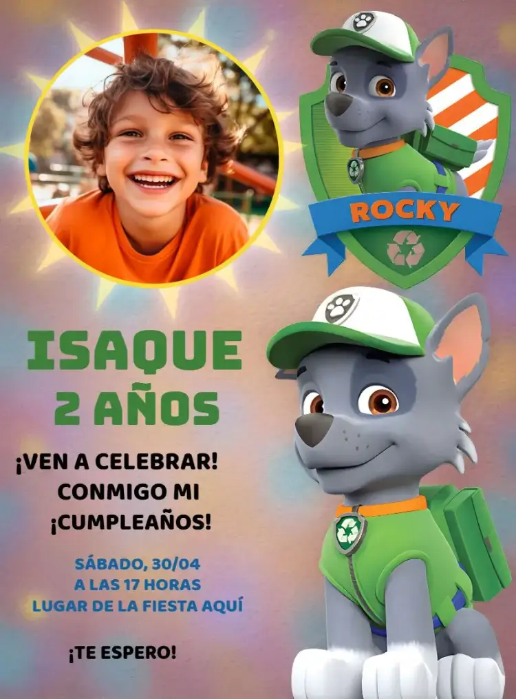 Invitación Patrulla Canina Rocky Con Foto Perros – tema Cumpleaños Infantil colorido, divertido, infantil, temático, animado