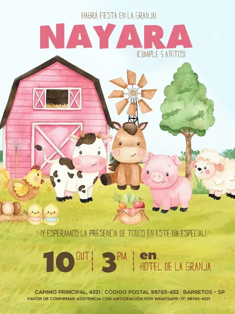Invitación Granja Rosa Digital Rural – tema Cumpleaños Infantil colores pastel, acuarela, lúdico, rural, animales, colorido