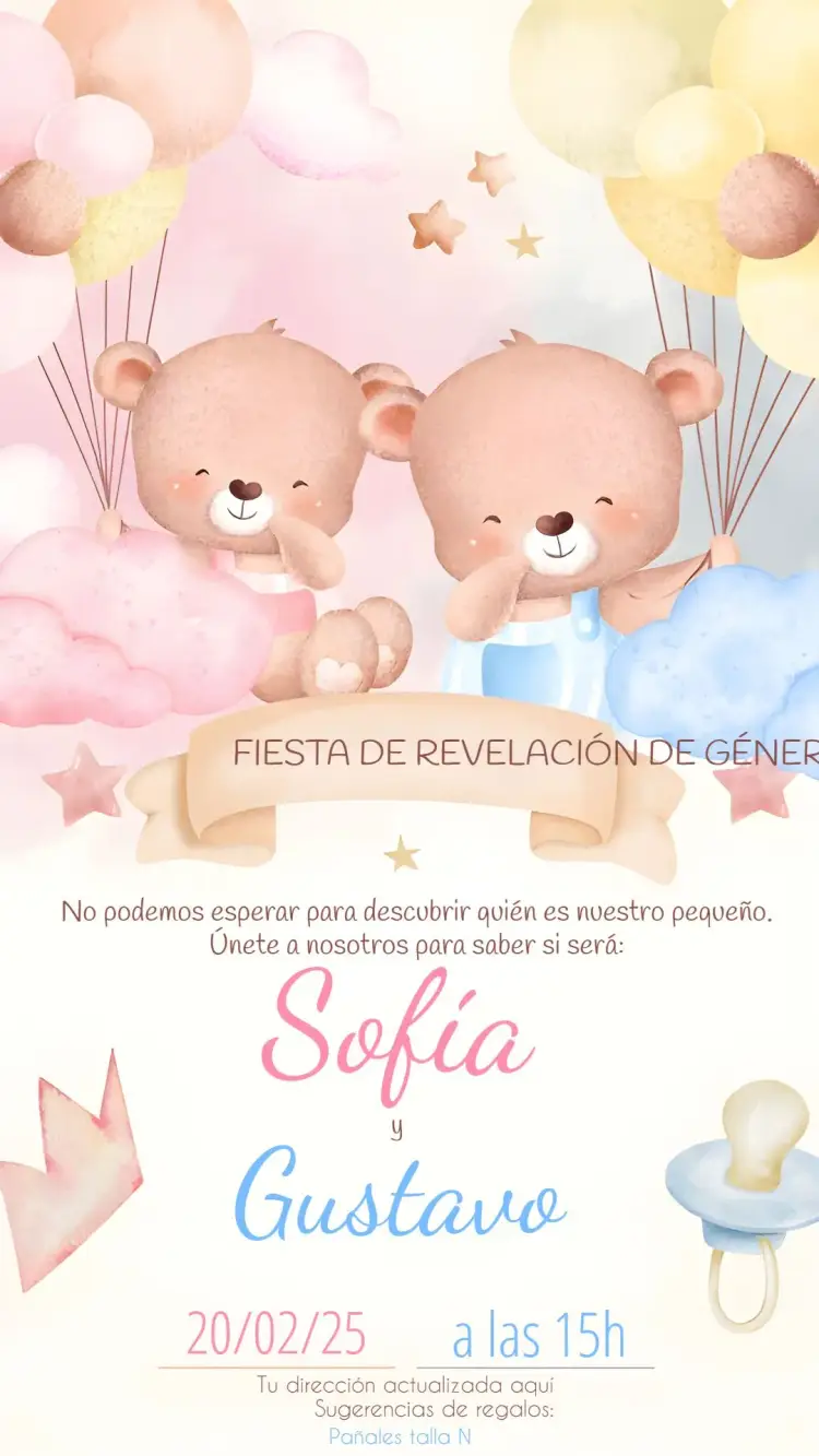 Invitación Baby Shower Ositos Globos Rosa editable y personalizable