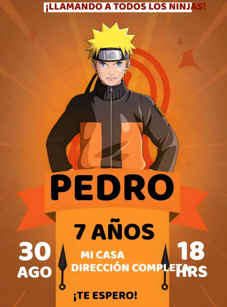 Invitación Naruto Infantil – tema Cumpleaños Infantil ninja, anime, naranja vibrante, aventura, juvenil, diversión