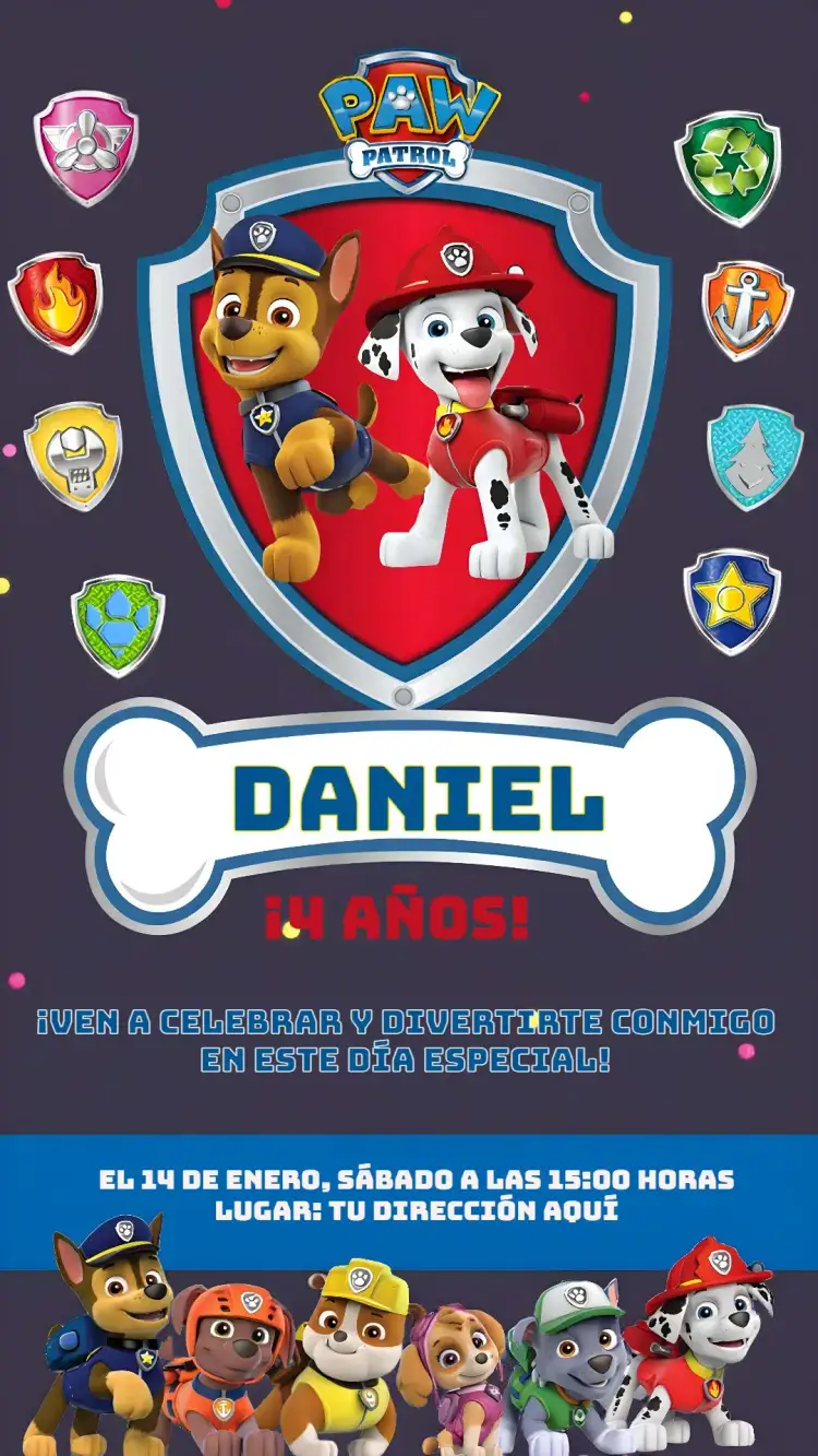Invitación Patrulla Canina Infantil – tema Cumpleaños Infantil azul, lúdico, divertido, temático, colorido