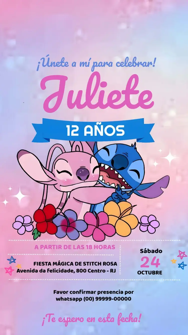 Invitación Stitch Rosa Chica Infantil