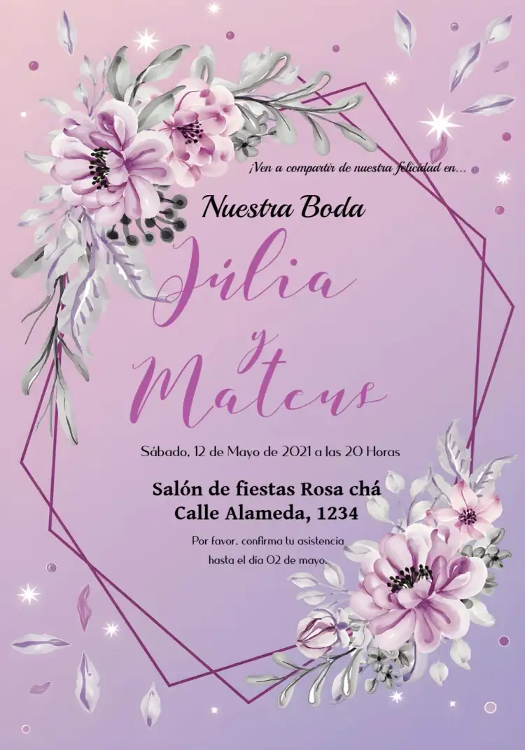 Invitación Boda Floral Lila – tema Boda floral, romántico, moderno, elegante, suave, negro y lila