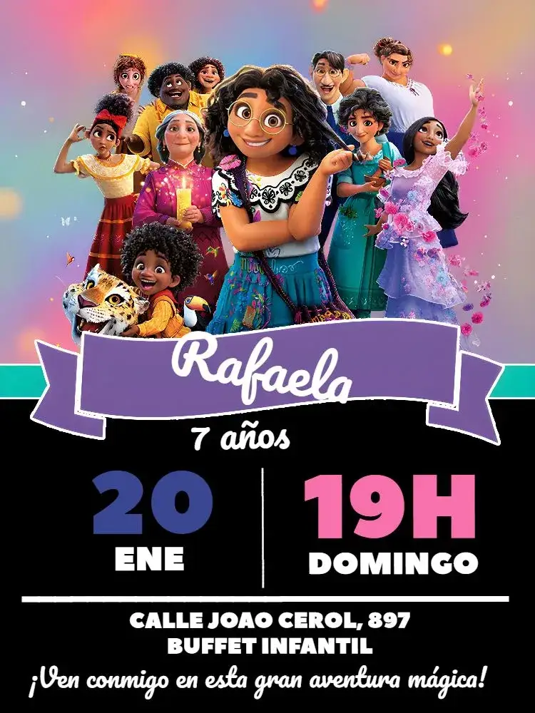 Invitación Encanto Blanco – tema Cumpleaños Infantil tonos suaves, estilo encantador, ilustraciones lúdicas, mágico, colorido, temática de Disney