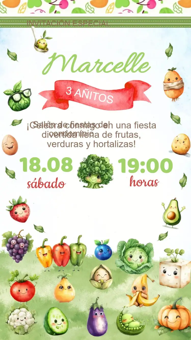 Invitación Invitación Cumpleaños Tienda de Verduras – tema Cumpleaños Infantil colores vibrantes, estilo divertido, elementos gráficos de mercado, diseño lúdico, tema saludable