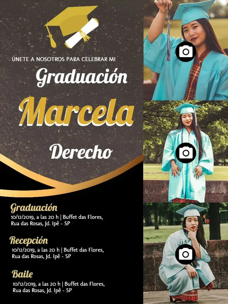 Invitación Graduación en Derecho con Fotos Dorado