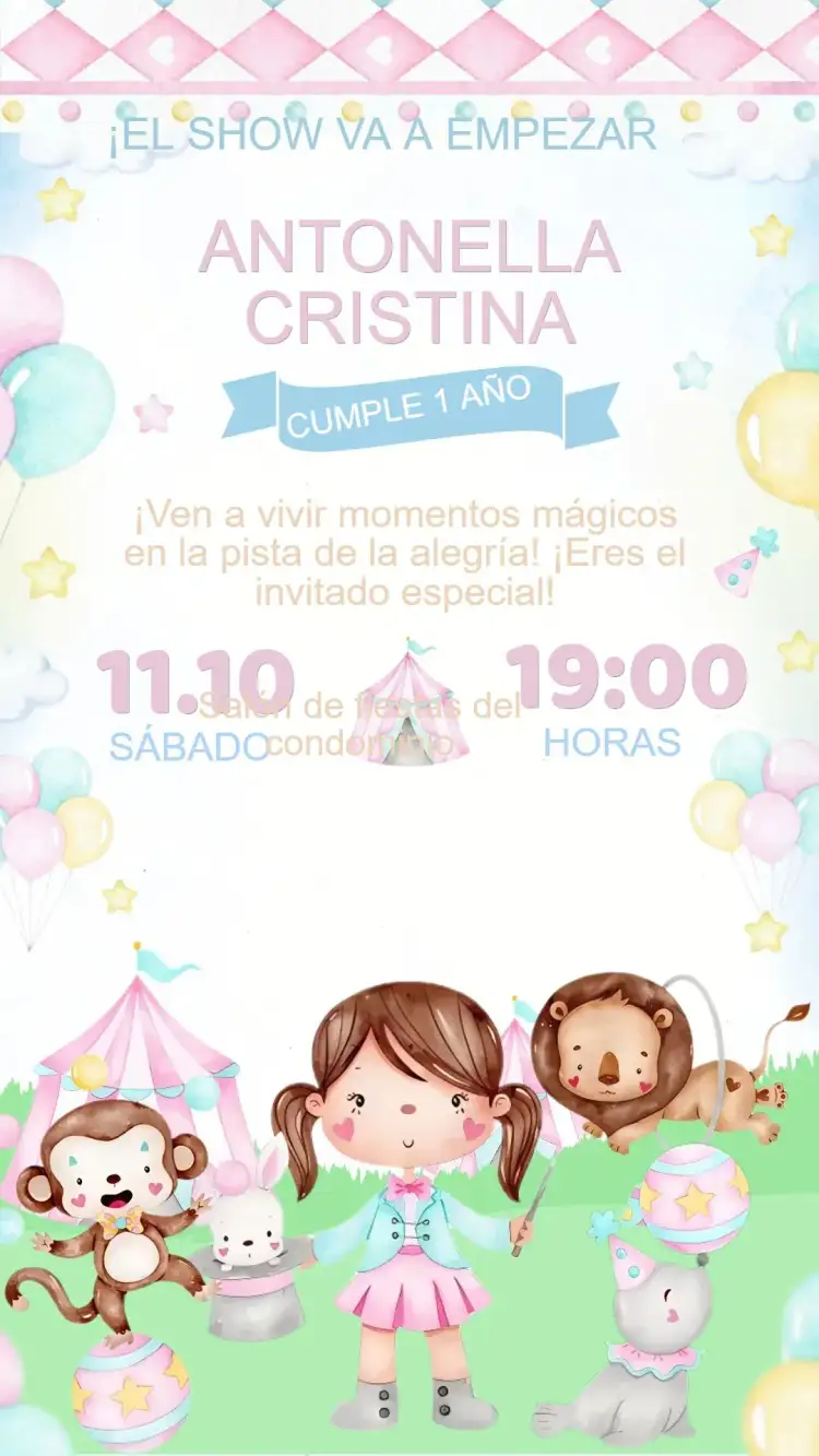 Invitación Cumpleaños Circo Rosa Acuarela