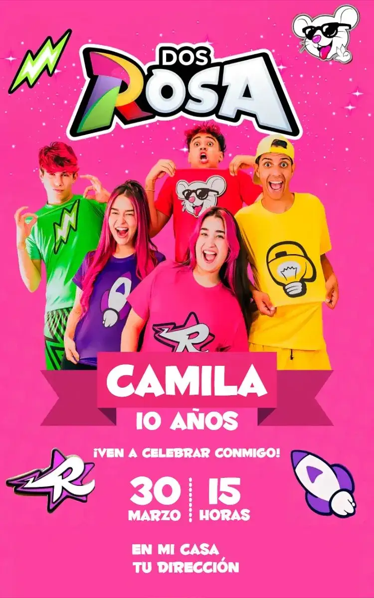 Invitación Emily Vick 3 – tema Cumpleaños rosa, divertido, infantil, colorido, fiesta temática