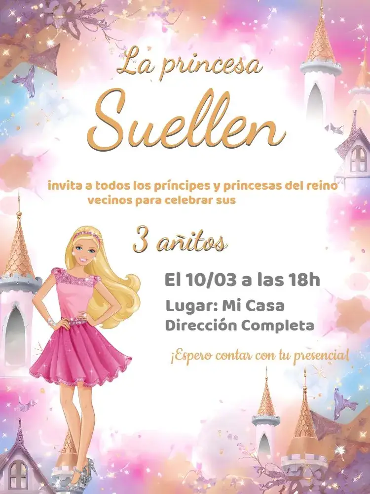Invitación Barbie Castillo – tema Cumpleaños rosa, blanco, princesa, castillo, brillos, fiesta infantil