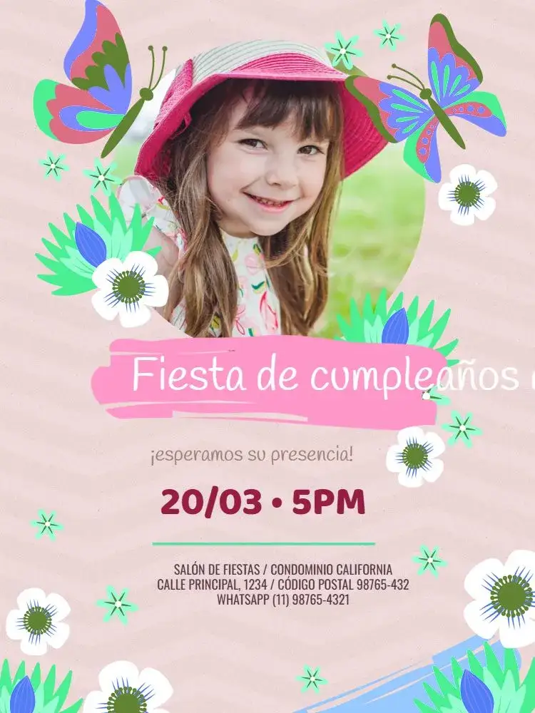 Invitación Con Foto Mariposas Claro – tema Cumpleaños Infantil floral, delicado, lúdico, pastel, infantil, femenino