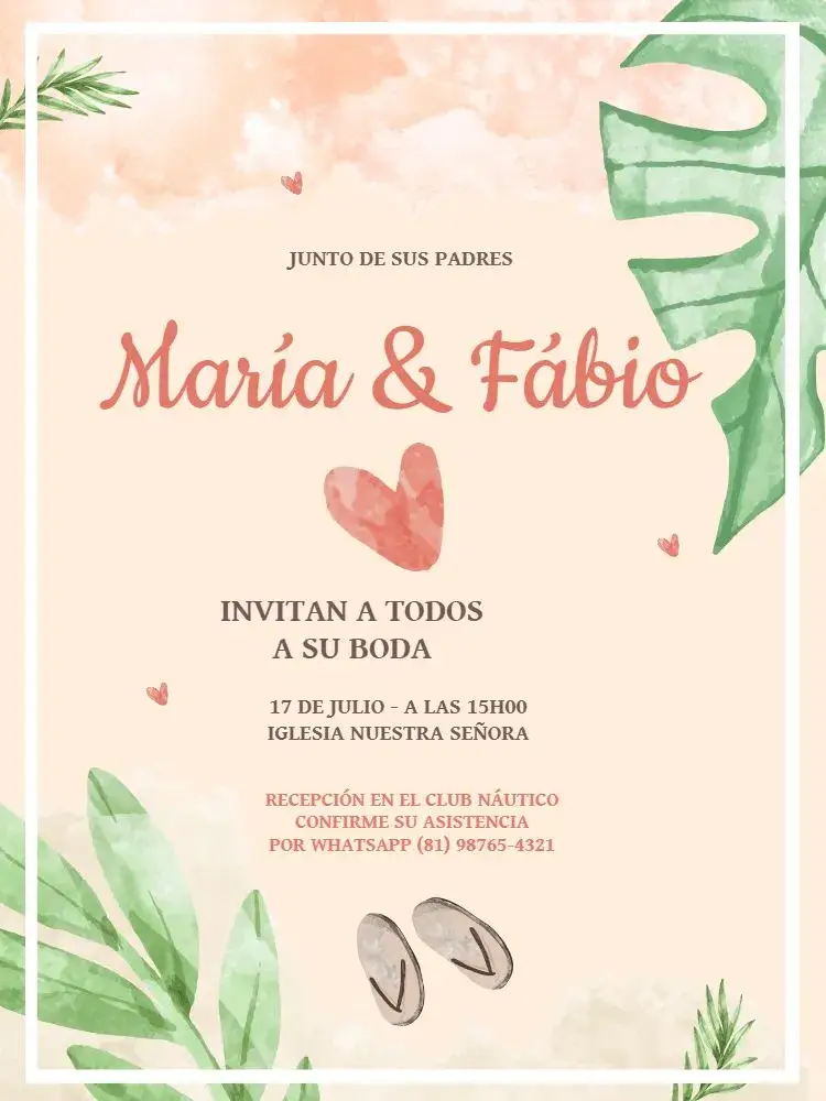 Invitación Boda Playa Follaje Claro