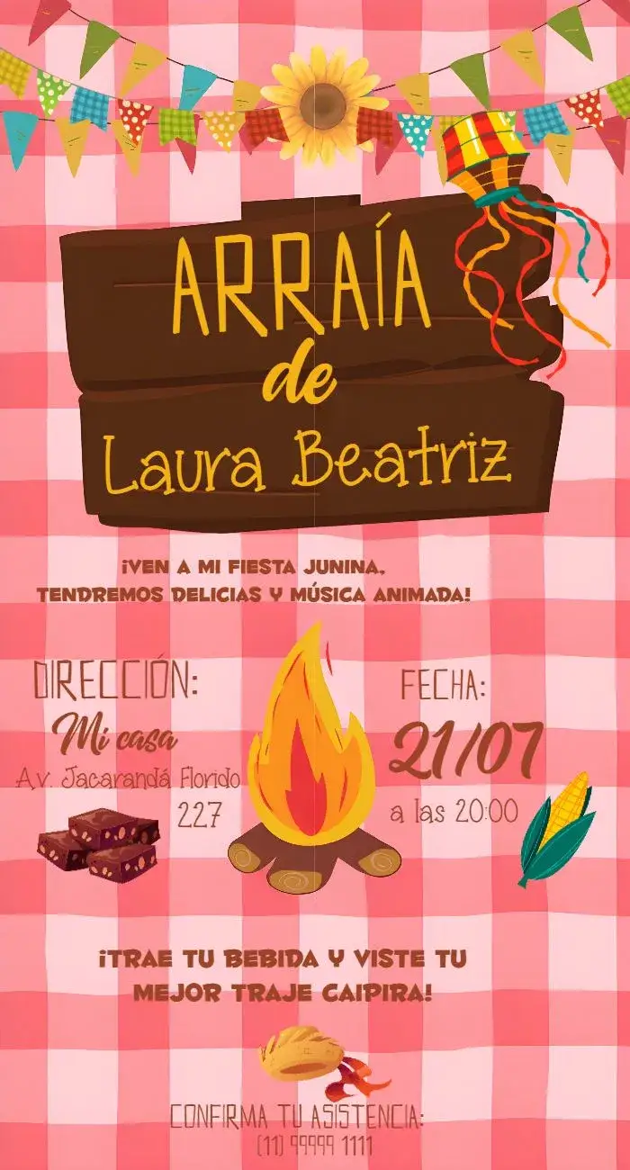 Invitación Arraiá Fiesta Junina Hoguera – tema Fechas Conmemorativas colorido, rústico, tradicional, vintage, festivo, cultural