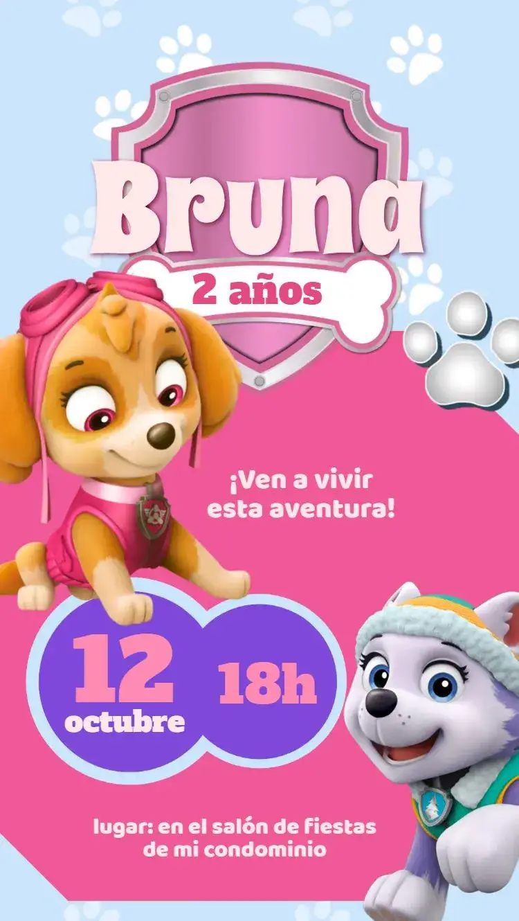 Invitación Patrulla Canina Rosa de Sky – tema Cumpleaños Infantil rosa, divertido, temático, infantil, colorido