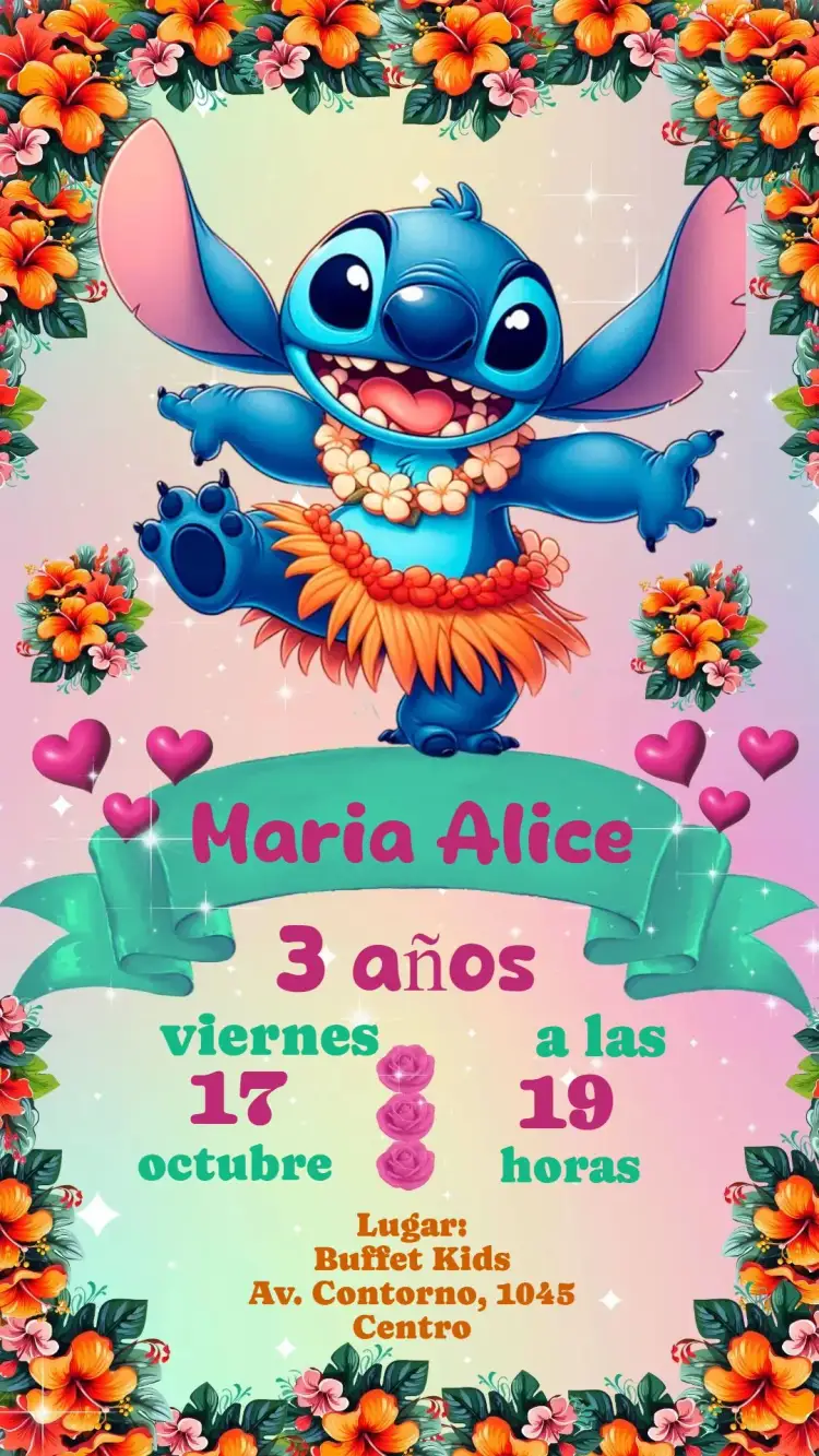 Invitación Stitch – tema Cumpleaños Infantil colorido, divertido, temático, infantil, alegre, cartoon