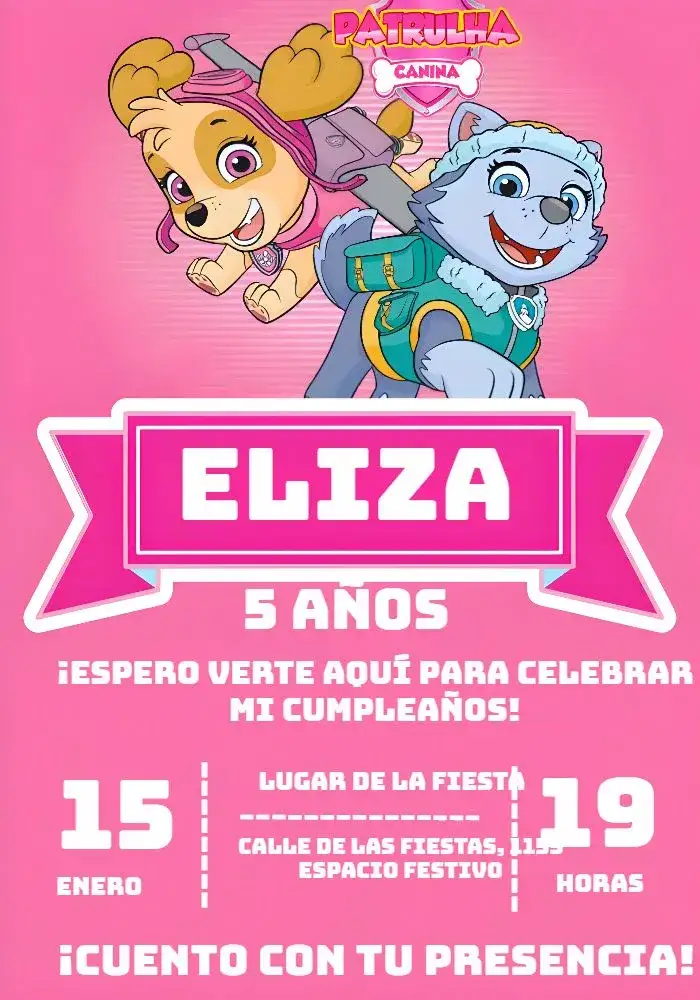 Invitación Patrulla Canina Rosa – tema Cumpleaños Infantil rosa y rosa, lúdico, divertido, temática infantil, colorido, moderno
