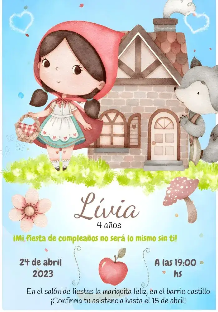 Invitación Caperucita Roja Imprimir – tema Más buscados acuarela, infantil, lúdico, colorido, moderno