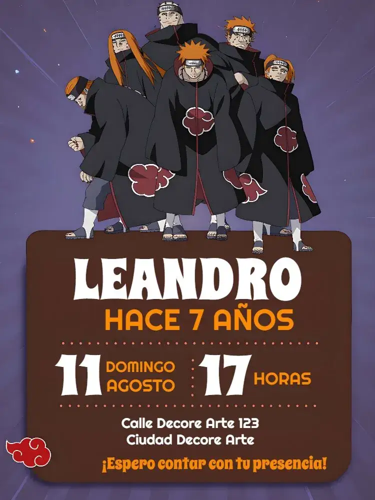 Invitación Akatsuki Naruto Marrón – tema Cumpleaños Infantil marrón, naranja, blanco, ninja, anime, temática