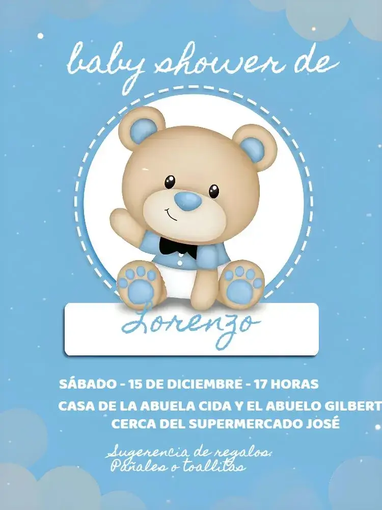 Invitación Baby Shower Oso Blanco – tema Revelación Bebé azul y blanco, osos, tierno, delicado, moderno