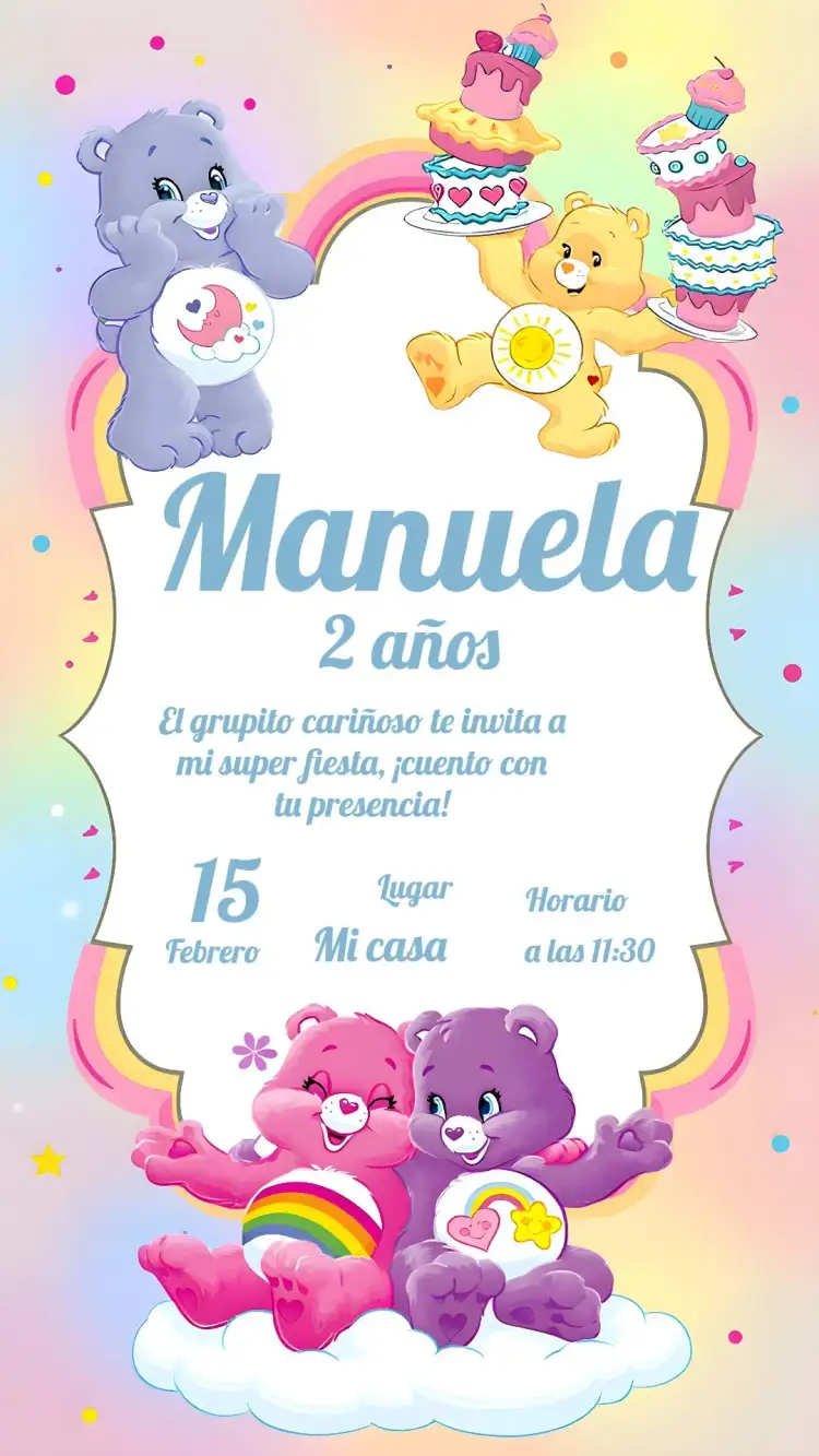 Invitación Ositos Cariñosos Rosa – tema Cumpleaños Infantil rosa, lila, amarillo, lúdico, infantil, colorido