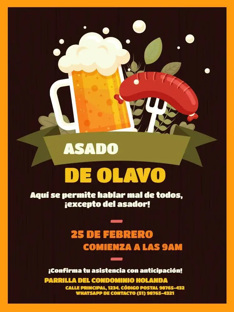 Invitación Divertido Para Barbacoa Marrón Oscuro – tema Más buscados oscuro, marrón, naranja, divertido, moderno, festivo