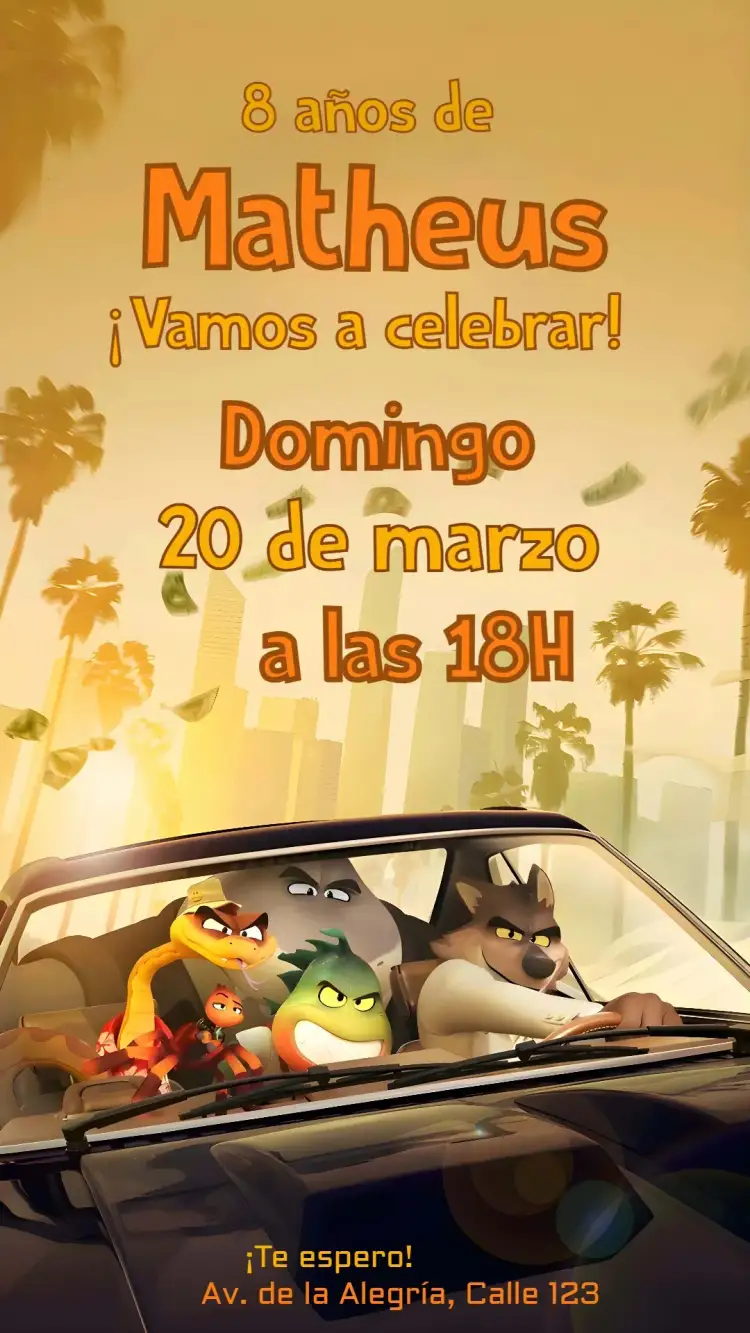 Invitación Los Chicos Malos 2 – tema 15 años naranja, moderno, divertido, joven, temático