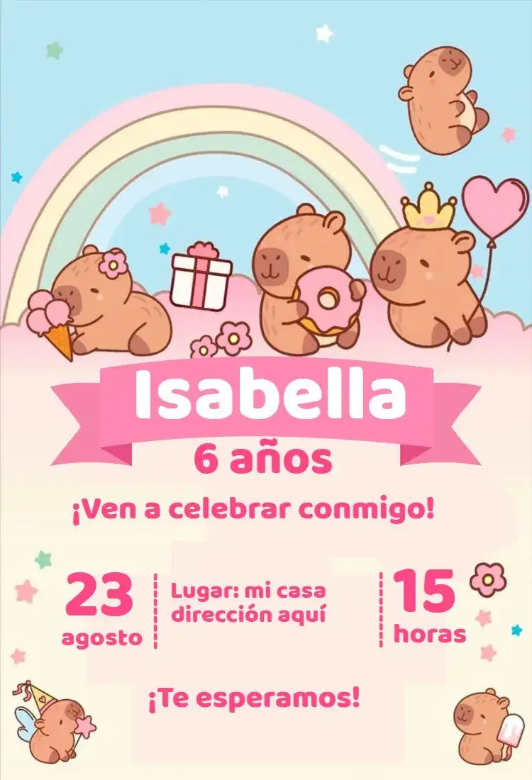 Invitación Capibara niña – tema Cumpleaños Infantil rosa, animal, divertido, naturaleza, infantil, colorido