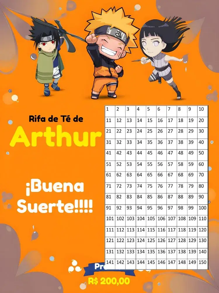 Invitación Té Rifa Naruto Chibi Números