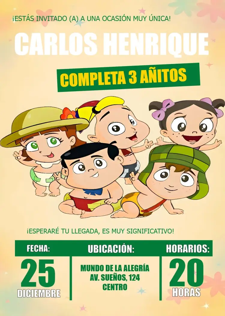 Invitación Chaves Baby Chiquinha editable y personalizable