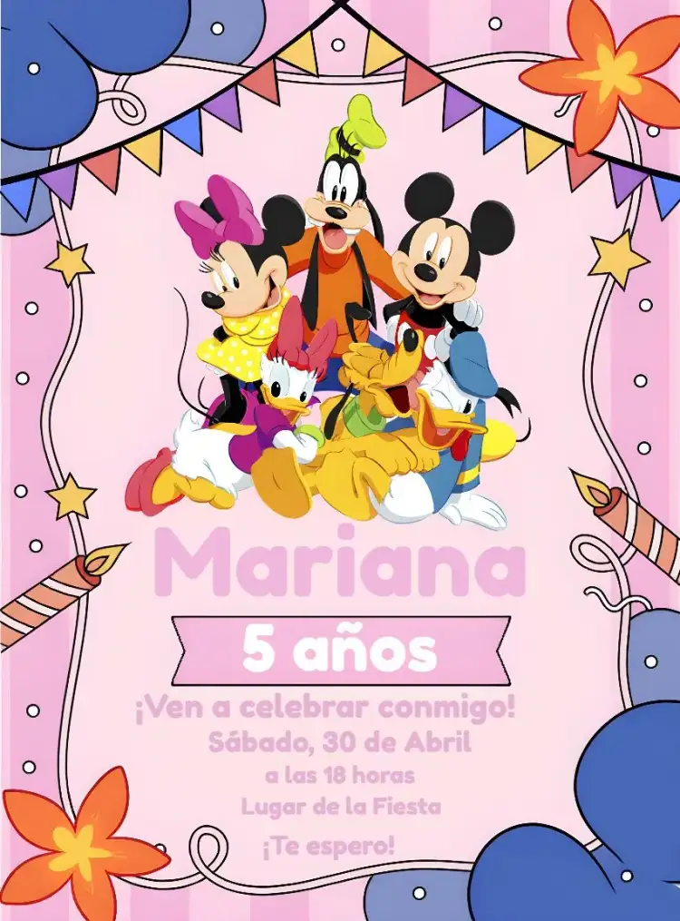 Invitación Equipo De Mickey Chica – tema Cumpleaños Infantil colores vibrantes, estilo divertido, personajes animados, temática rosa, elementos gráficos lúdicos, estética infantil