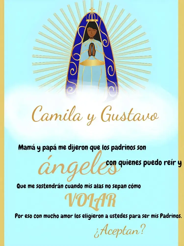 Invitación Para Padrinos Nuestra Señora Aparecida Bautizo – tema Bautismo azul, blanco, dorado, católico, nubes, moderno