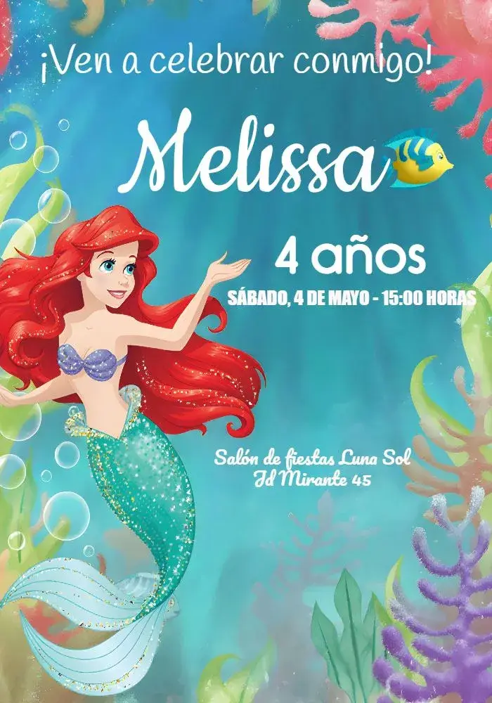 Invitación La Sirenita Sebastian editable y personalizable