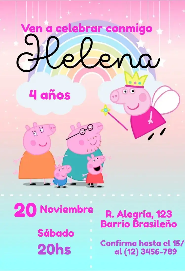 Invitación Peppa Pig – tema Cumpleaños Infantil colorido, divertido, temático, infantil, ilustraciones animadas