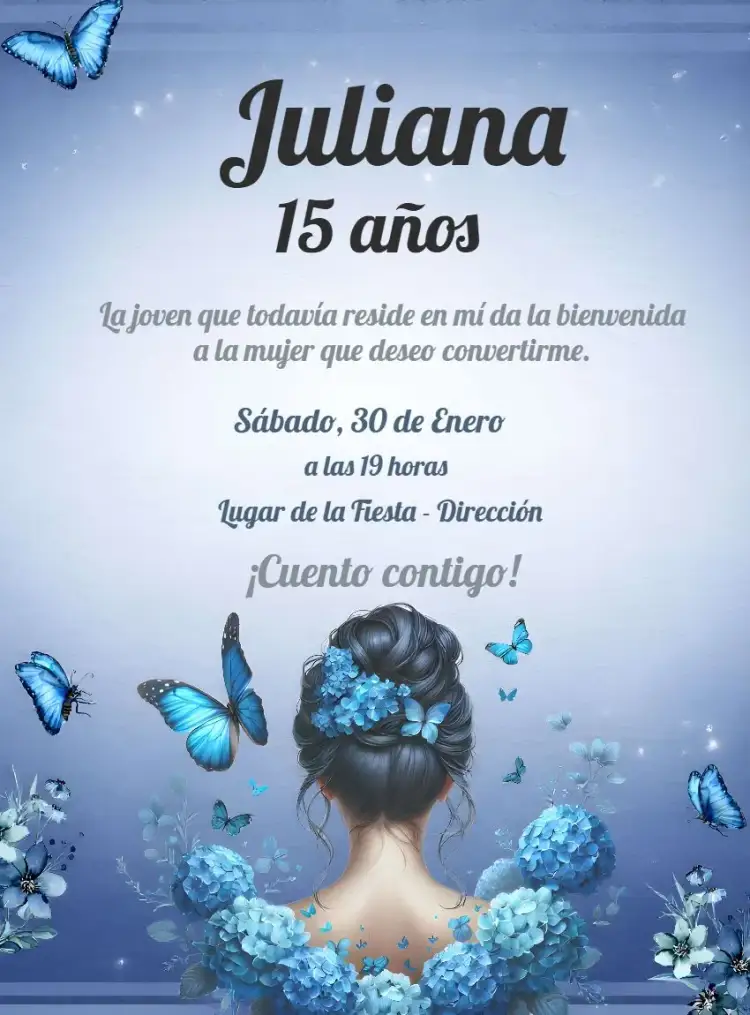 Invitación 15 Años Quinceañera Vestido – tema 15 años floral, azul, romántico, delicado, joven, elegante