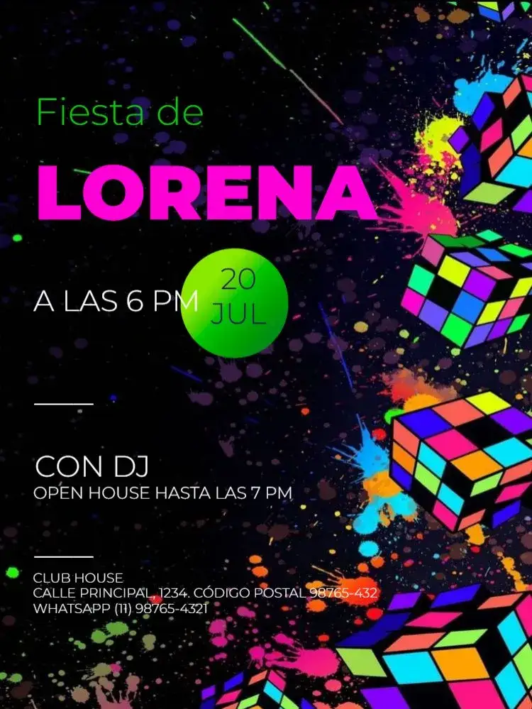 Invitación Para Fiesta Cubo Editar Celebración – tema Cumpleaños Infantil moderno, neón, colorido, geométrico, oscuro, divertido