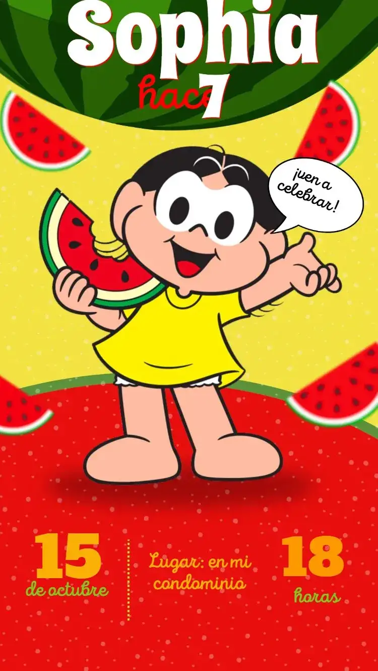 Invitación Magali de la Turma da Mônica – tema Cumpleaños Infantil divertido, colorido, infantil, lúdico, alegre, tropical
