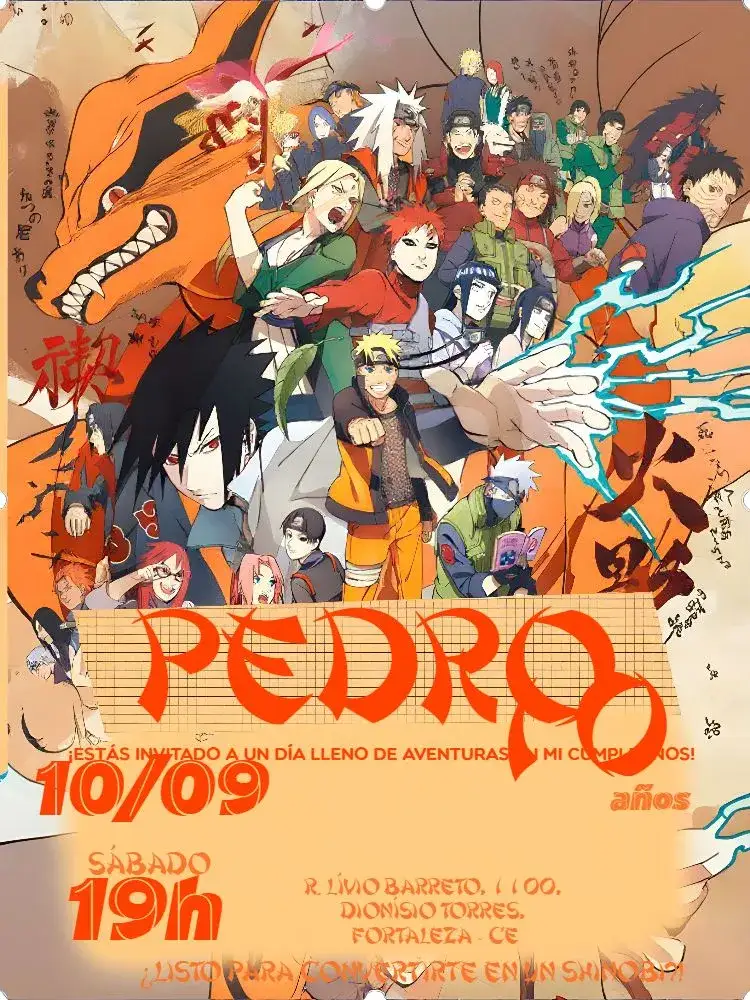 Invitación Naruto Naranja – tema Cumpleaños Infantil colorido, anime, juegos de lucha, aventura, cultura japonesa, vibrante