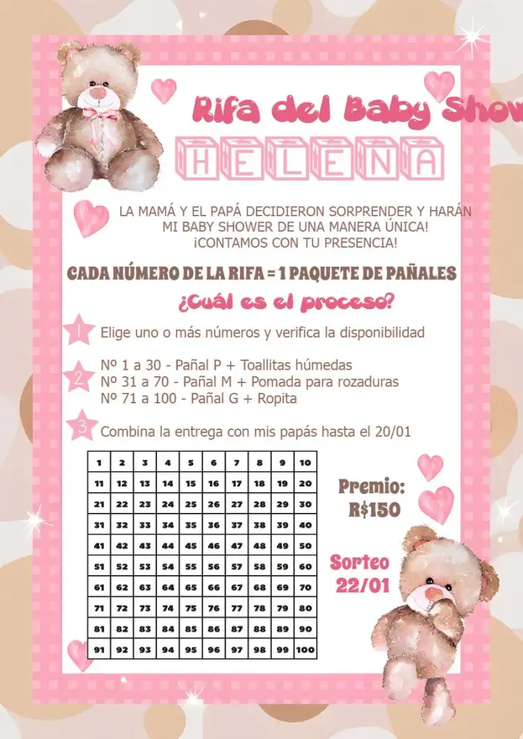 Invitación Té Rifa Osita De Pañales – tema Té Rifa rosa, lila, infantil, osita, castillo, colorido