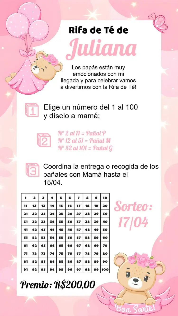 Invitación Chá Rifa Osita Pañal – tema Té Rifa floral, rosa, delicado, infantil, moderno